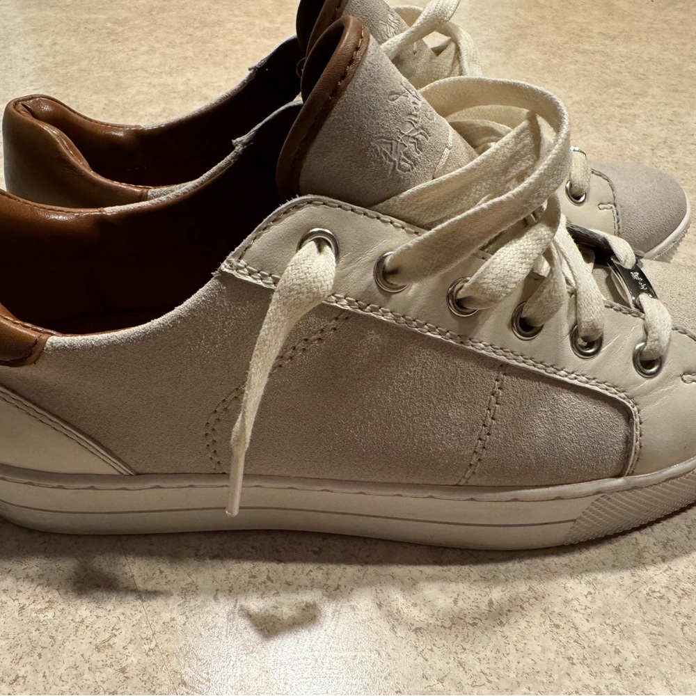 White Leather Sneakers with Brown Accents - Picture 2 of 6